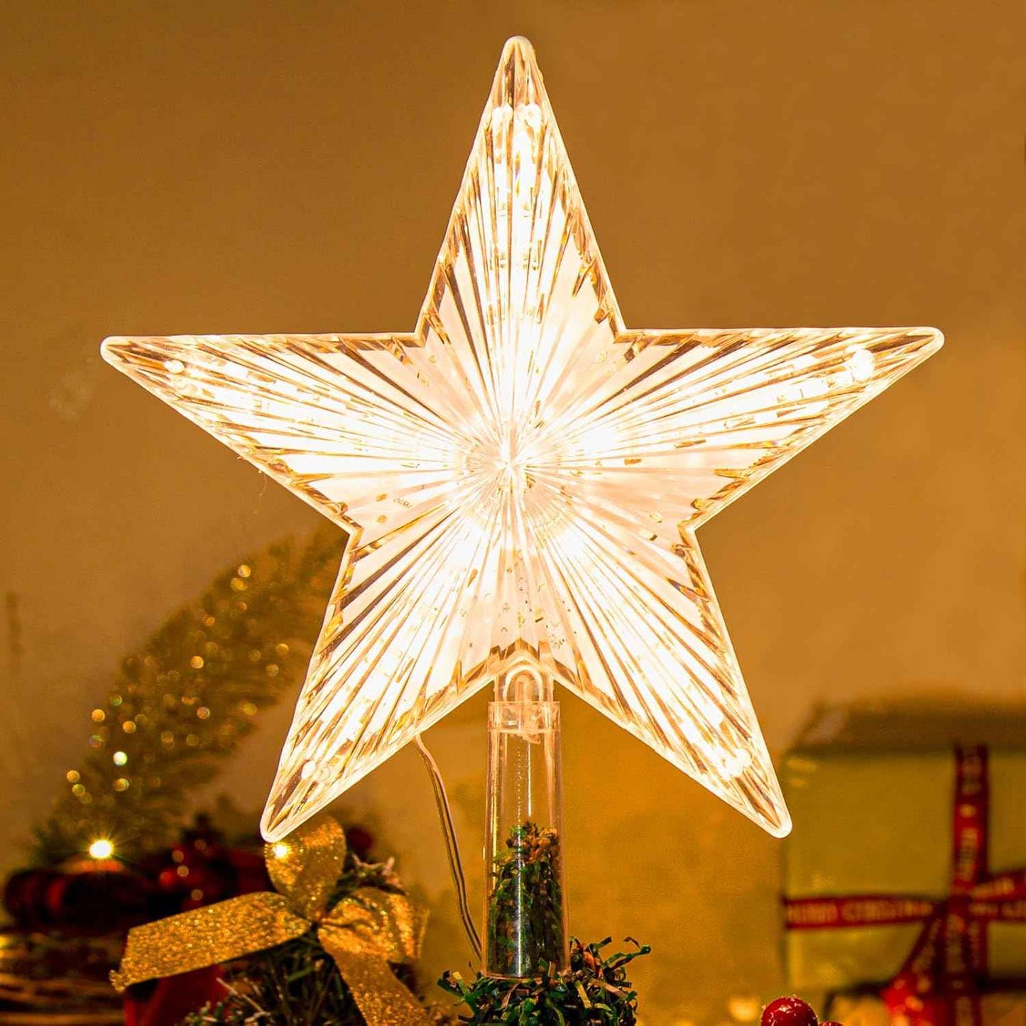 Christmas Tree Topper Farmhouse Christmas Decor Christmas Tree Decorations Rattan Natural Christmas Tree Star with 10 Warm LED Lights for Rustic Christmas Ornaments Holiday Seasonal Decoration 10 Inch