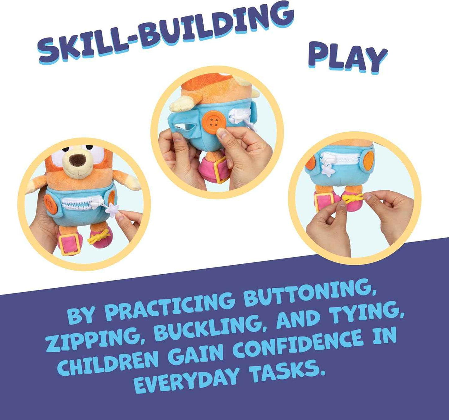 Dress & Play Baby Bingo Bluey Plush, Button, Zip, Buckle and Tie, Learn to Dress Dolls for Toddlers Ages 3+, Fine Motor Skills Baby Zipper Toy