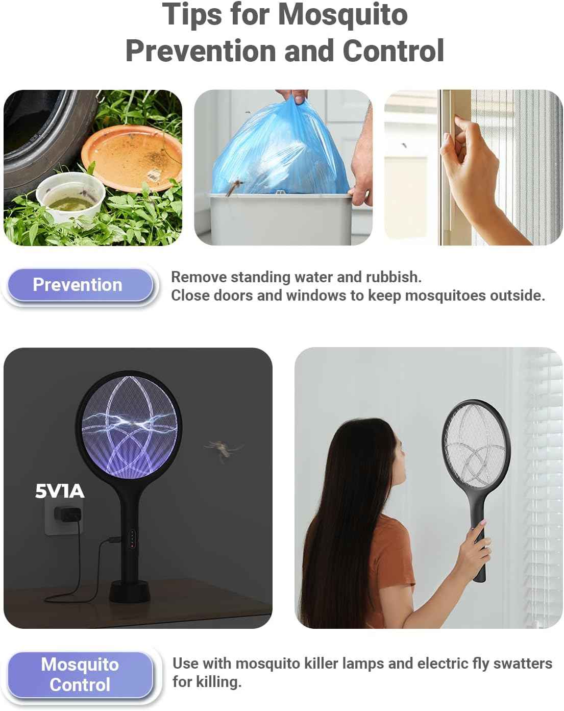 YISSVIC Electric Fly Swatter Bug Zapper Racket Dual Modes Mosquito Killer with Purple Mosquito Light Rechargeable for Indoor Home Office Backyard Patio Camping