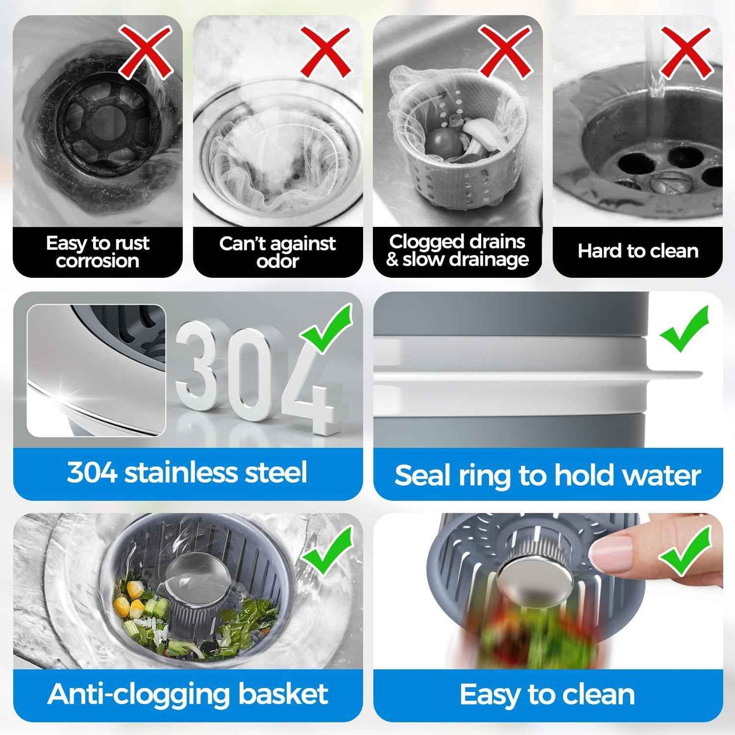 Upgraded 3in1 Kitchen Sink Drain Strainer & Sink Stopper, Stainless Steel Kitchen Drain Plug & Sink Installation Parts with Anti-Clogging Basket, Fit US Standard 3-1/2'' Sink Drain Hole, Silver