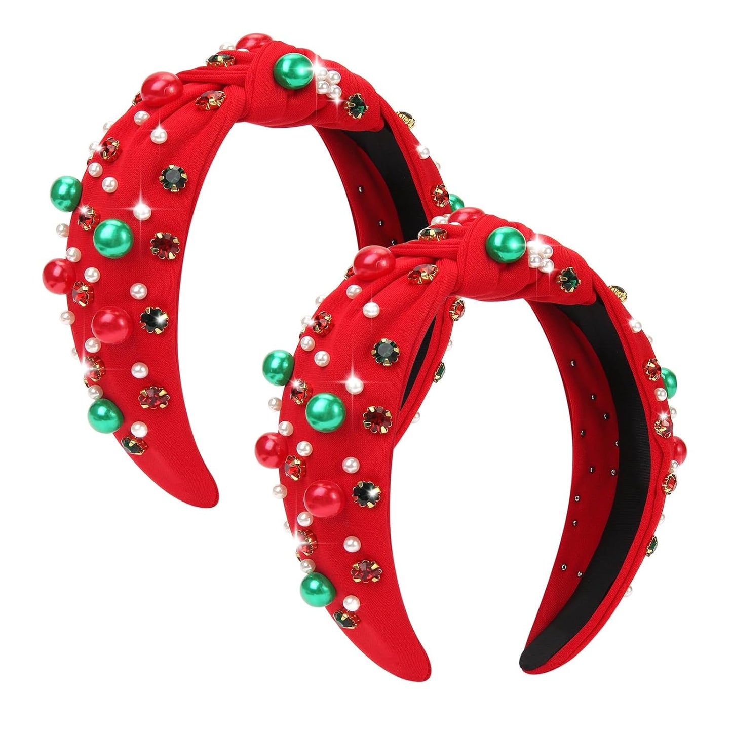 2 Pcs Christmas Headband for Women Pearl Knotted Headband Red Green Pearl Rhinestone Crystal Jeweled Hairbands Fashion Ladies Hair Band Hair Hoop Accessories Holiday Outfits Headpiece (Red and Green)