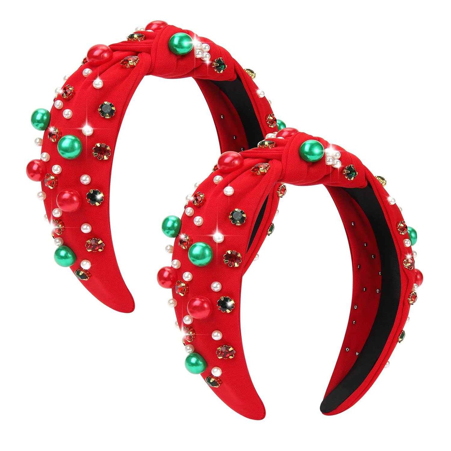 2 Pcs Christmas Headband for Women Pearl Knotted Headband Red Green Pearl Rhinestone Crystal Jeweled Hairbands Fashion Ladies Hair Band Hair Hoop Accessories Holiday Outfits Headpiece (Red and Green)