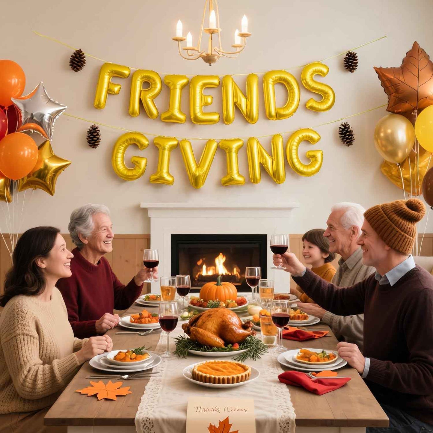 Friendsgiving Decorations – 16 Inch Gold Foil Letter Balloons Banner for Thanksgiving Party Wall Decor or Backdrop