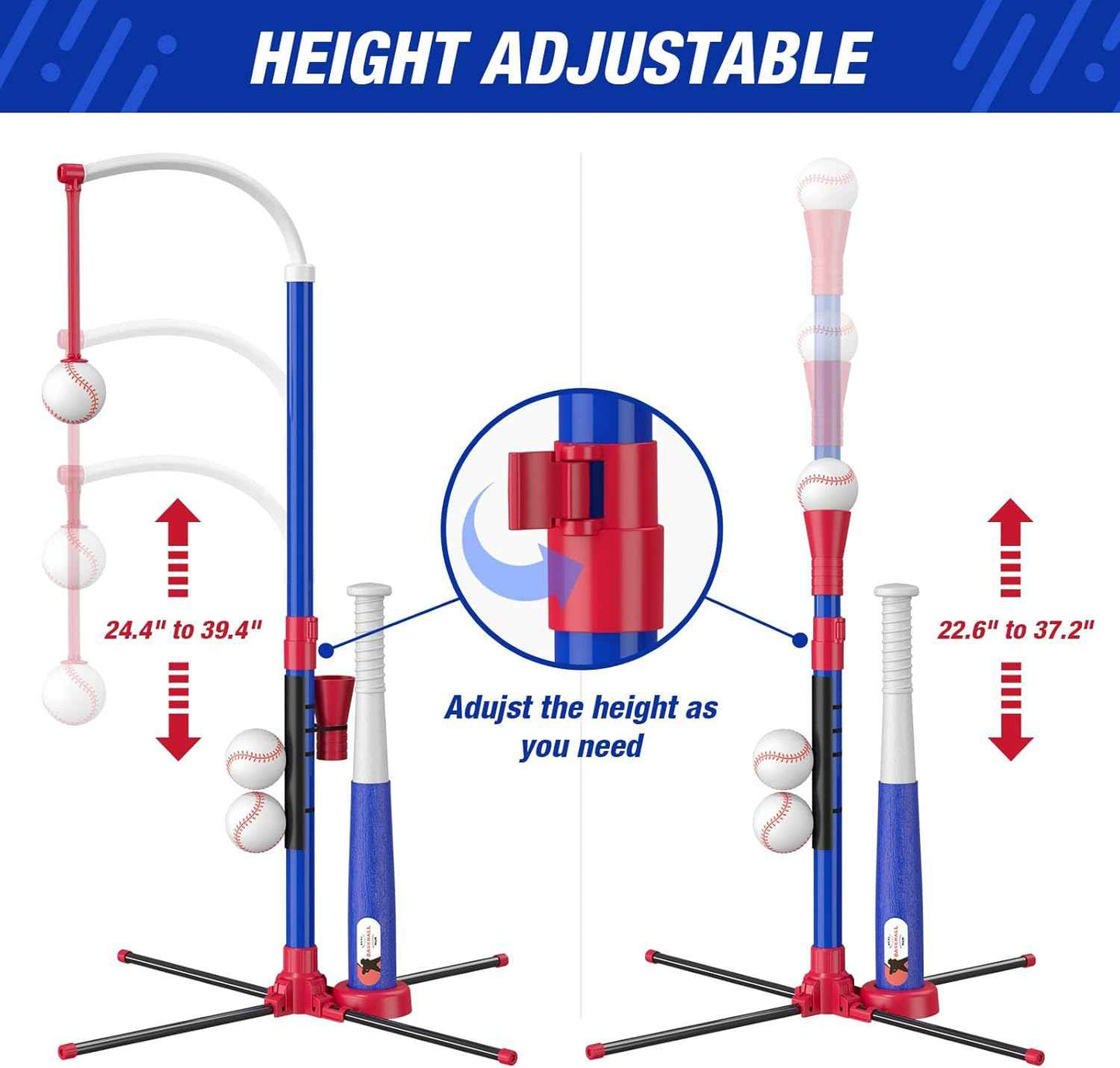 3-in-1 Baseball Set for Kids 3-5 - Tee Ball Stand, Hanging Tee, Ball Launcher and 6 Softballs - Adjustable Height, Indoor/Outdoor Sport Gifts for Boys Girls, Blue