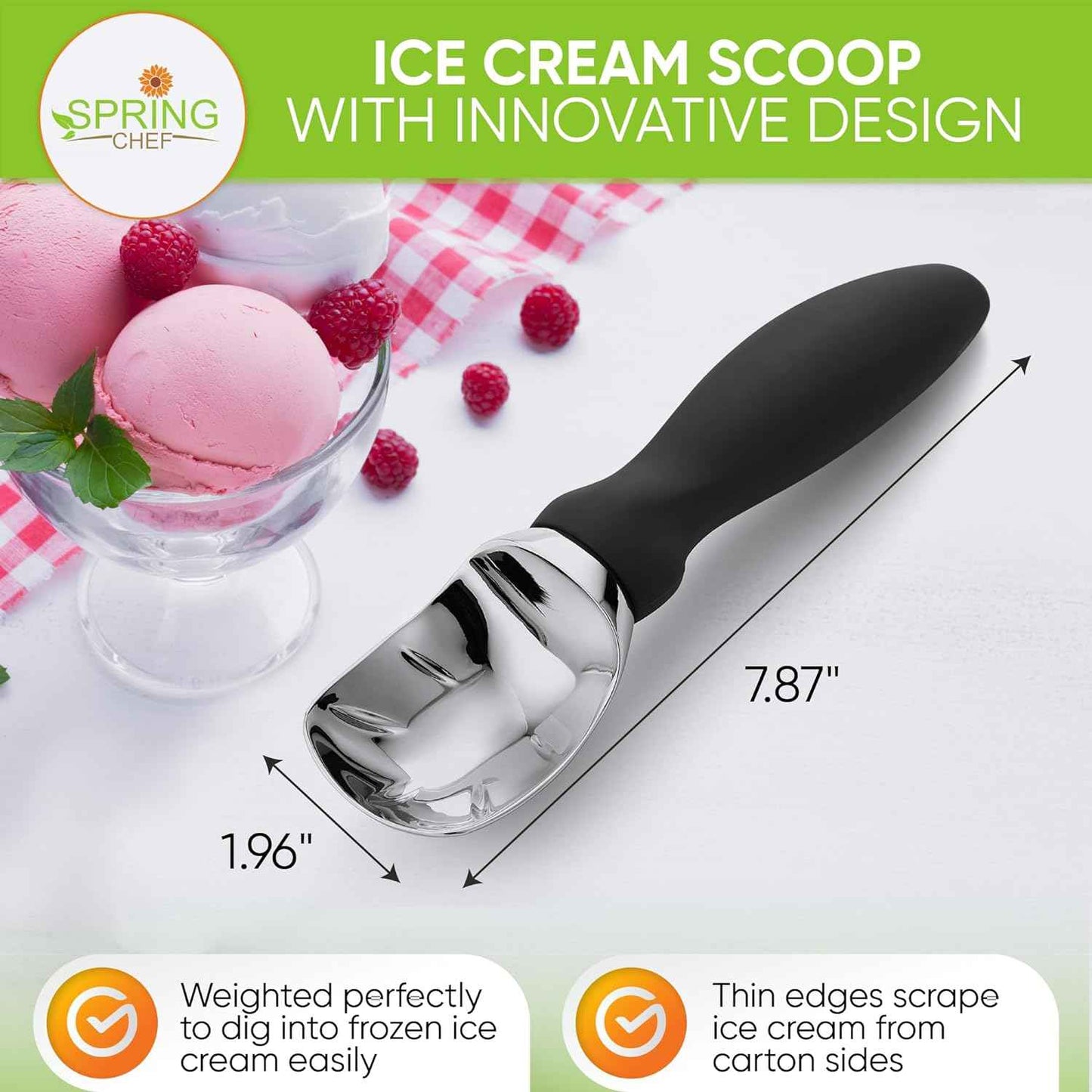 Spring Chef Heavy Duty Ice Cream Scoop with Comfortable Handle - Professional Ice Cream Scooper for Gelato, Sorbet, Cookie Dough, Melon, Frozen Yogurt - Dishwasher Safe Metal Kitchen Tool - Black
