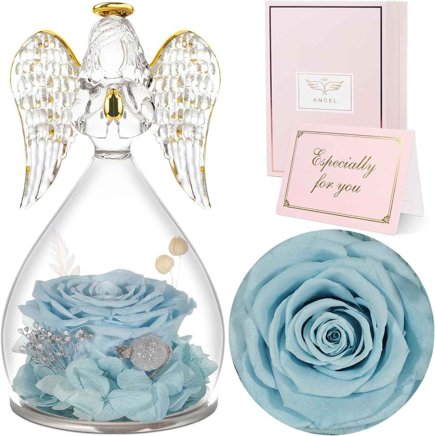 Sunia Valentines Day Rose Gifts for Women, Birthday Gifts for Mom Grandma, Forever Preserved Flower in Glass Angel Figurines Flowers for Delivery Prime, Mothers Day Real Roses for Her Wife