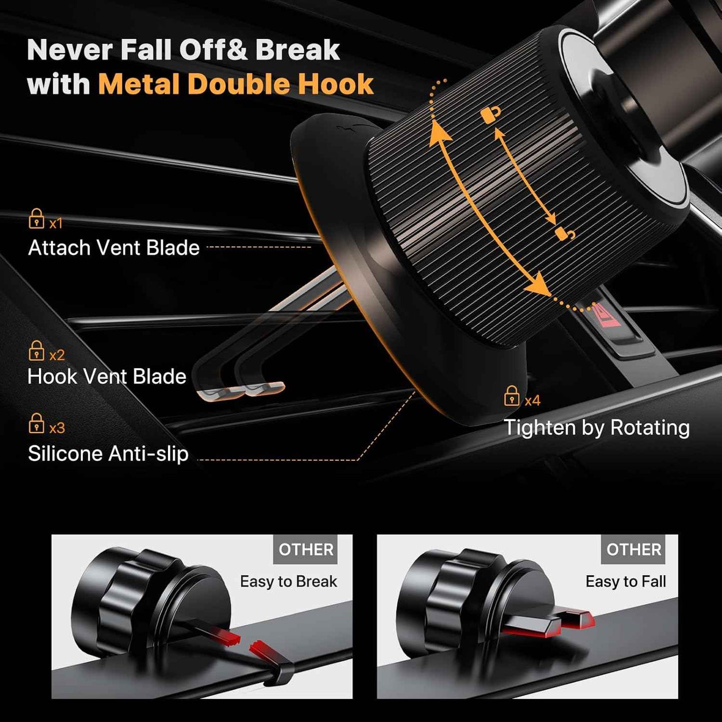 Miracase Phone Holders for Your Car with Metal Hook Clip, Air Vent Cell Phone Stand Car Mount, Universal Automobile Cradle for Garmin GPS Fit iPhone Android and All Smartphones, Dark Black