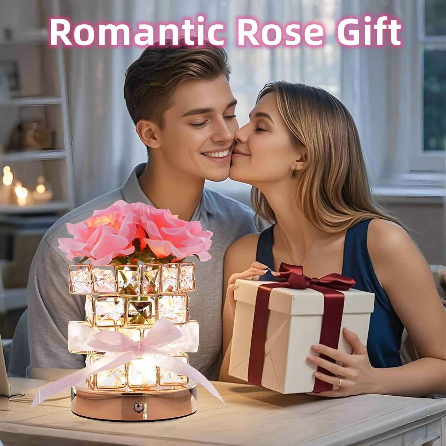 Rose Flower Lamp,Rechargeable Cordless Touch Table Lamp for Bedroom,3-Colour Dimming Small Night Light,Crystal Bedside Lamps with USB Charge,Birthday Valentine's Day Gifts for Women,Mom,Wife,Her