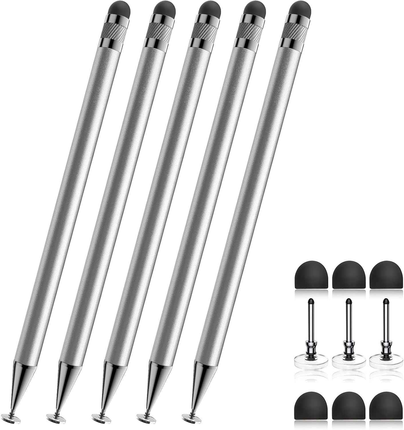 Bopomofo Stylus (5 Pcs), 2-in-1 Stylus Pen for Touch Screen, High Precision and Sensitivity, Suitable for iPhone/ipad/Android Tablets, Compatible with Touch Screens (Black/White/Blue/Rose Gold/Silver)