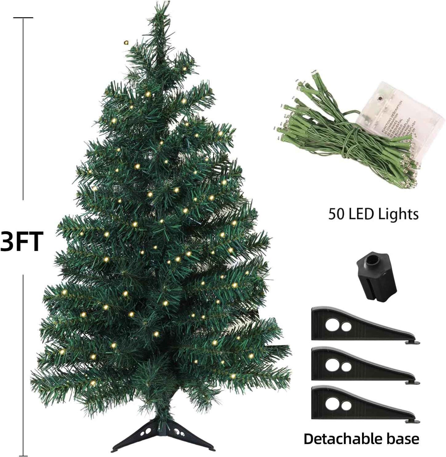 3ft Pre-Lit Artificial Holiday Christmas Spruce Tree for Home, Office, Party Decoration 100-Branch&50 Warm White Lights Tips, Easy Assembly, Metal Hinges & Foldable Base