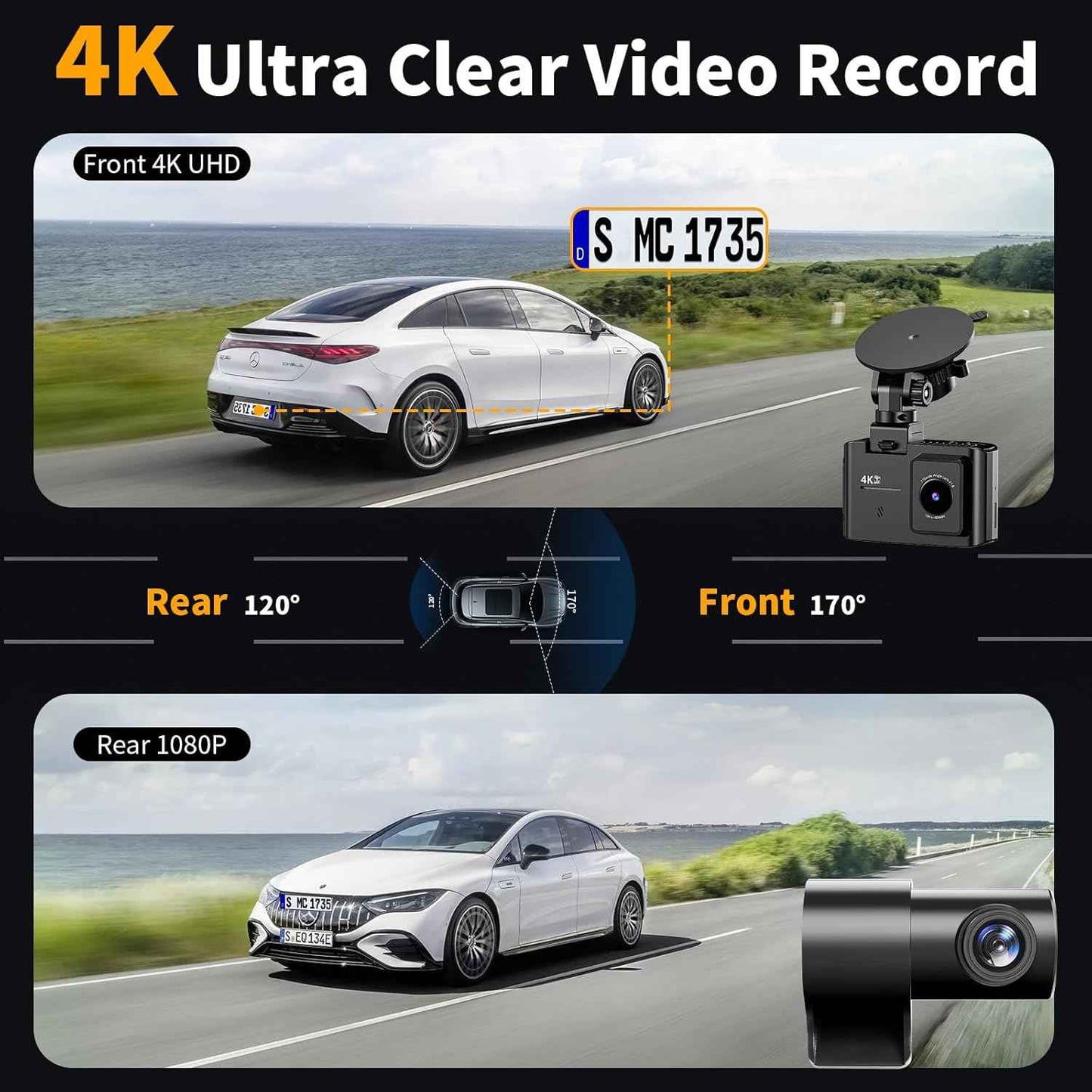 Dash Cam Front and Rear: 4K Dual Channel Dash Cam - 5GHz WiFi, Dash Camera for Cars with 64GB Card, 2" IPS, App Control, G-Sensor, Loop Recording, 170Β° Wide Angle, Night Vision, 24H Parking Mode