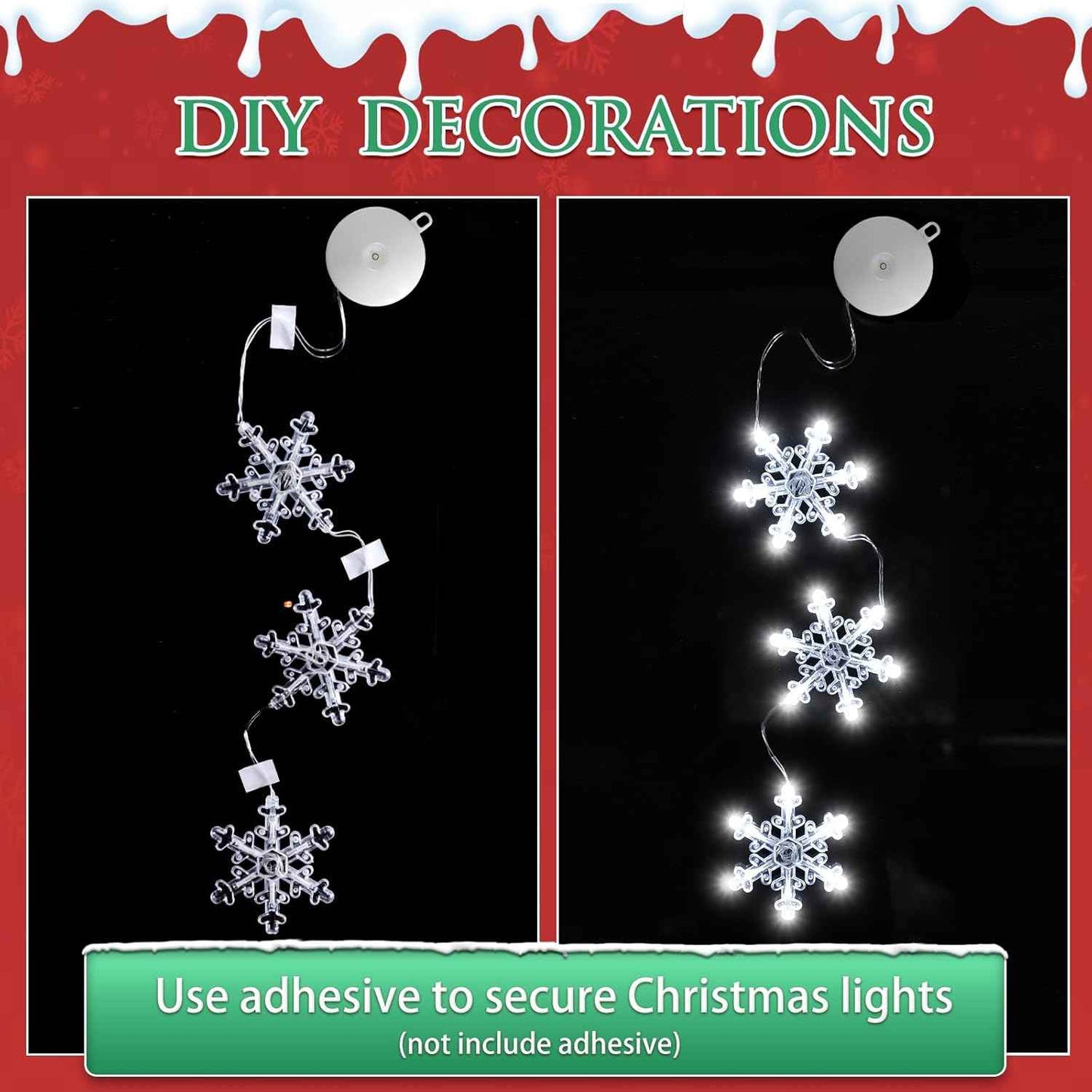 3Pcs Christmas Window Lights Decorations with Timer, Battery Powered Christmas Window Hanging White Lighted Snowflake Shaped LED Sucker String Lamp for Xmas Tree Fireplace Window Indoor Decor