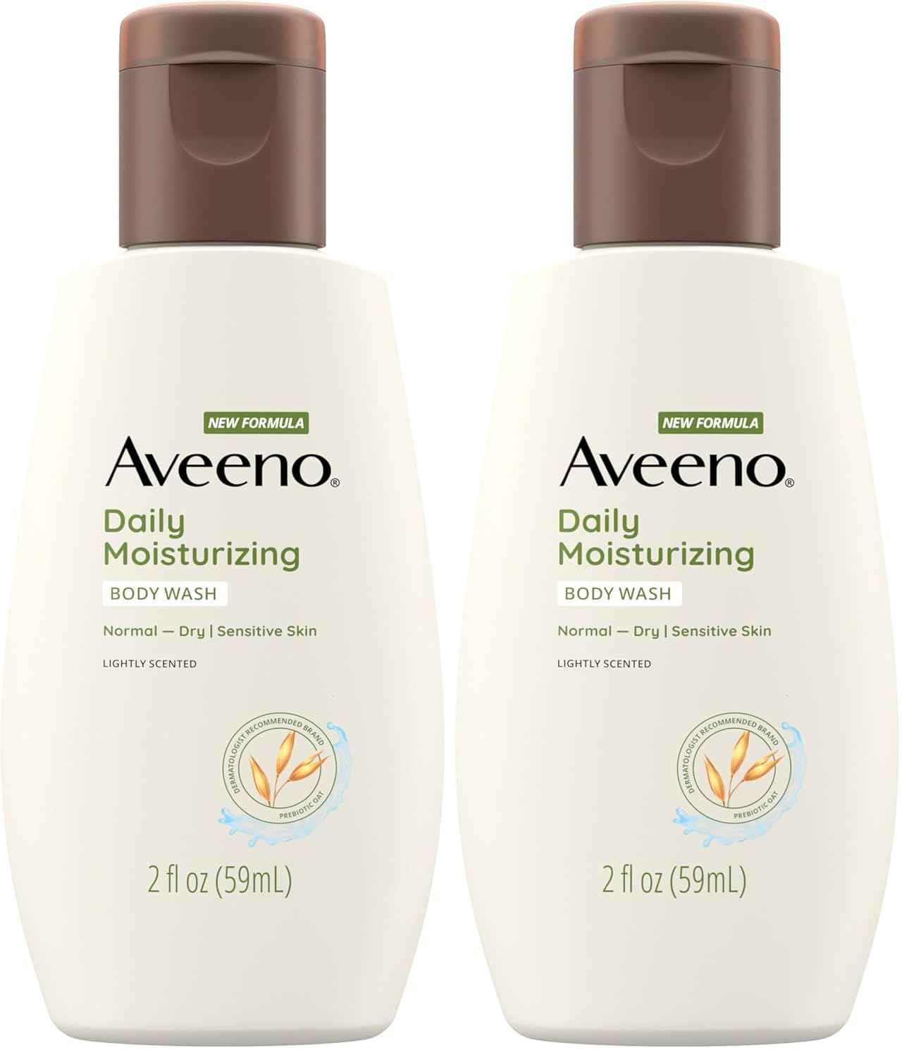 Aveeno Daily Moisturizing Body Wash for Sensitive Skin + Prebiotic Oat, Gently Cleanses Dry Skin & Feels Moisturizing, Light Fragrance, Travel Size, 2 fl. oz