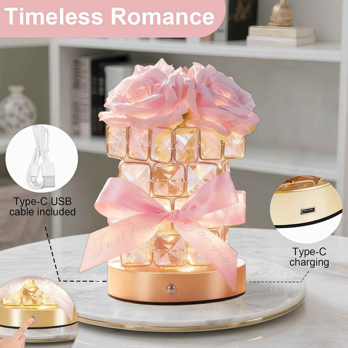 Christmas Gifts for Woman, Touch Crystal Rose Lamp, Elegant Flower Lamps, Pink Roses Crystal Lights Base, Rose Nightlight, Gifts for Her, Mom, Wife, Girlfriend, Valentines, Birthday Gifts