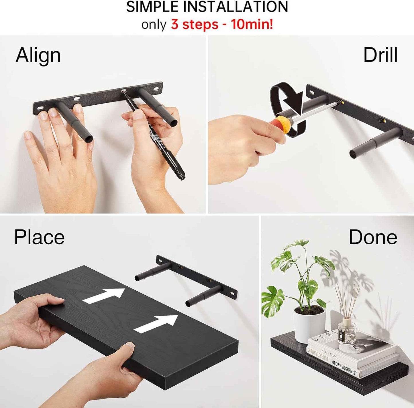 BAYKA Floating Shelves for Wall, Wall Mounted Rustic Wood Shelves for Bathroom, Bedroom, Living Room, Kitchen, Hanging Shelf for Books/Storage/Room Decor with 22lbs Capacity (Black, Set of 3, 15.7in)