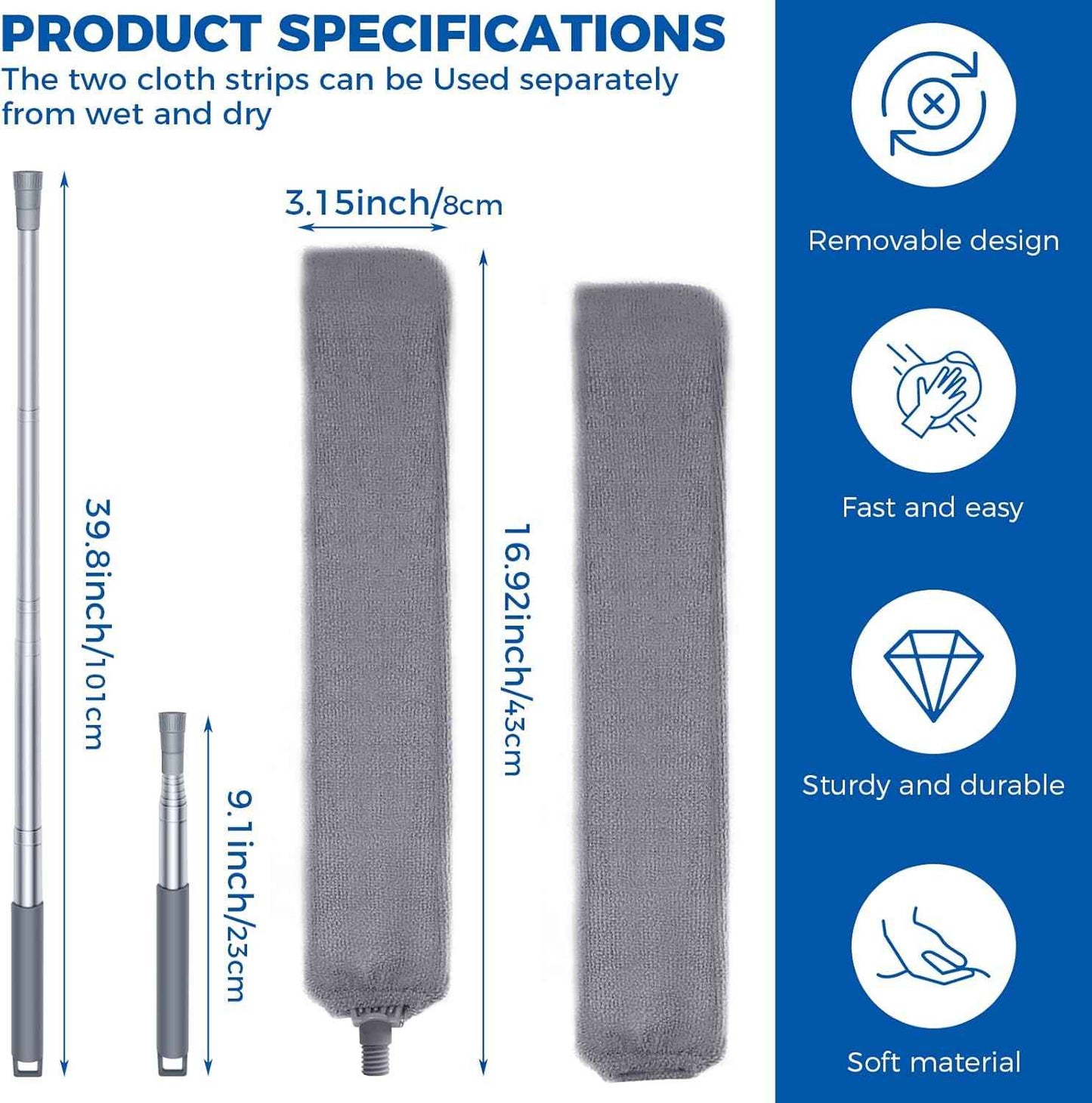 Retractable Gap Dust Cleaner Cleaning Tools with 2 Microfiber Dusting Cloths Long Handle 60inches Washable and Retractable Duster Brush for Cleaning Under Appliances Furniture Couch Fridge