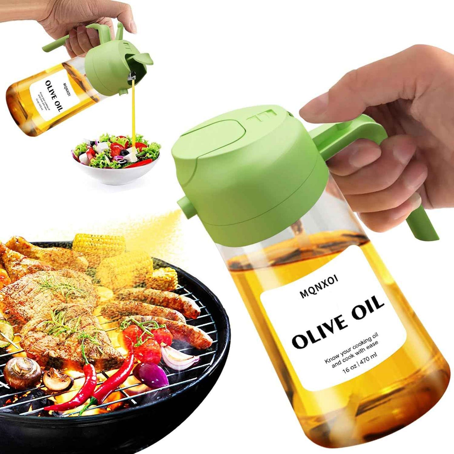 2 in 1 Glass Oil Sprayer & Dispenser,16oz/470ml Olive Cooking, Air Fryer, and Salad, for Kitchen Gadgets and Air Fryer Accessories, w/Stickers (Black)