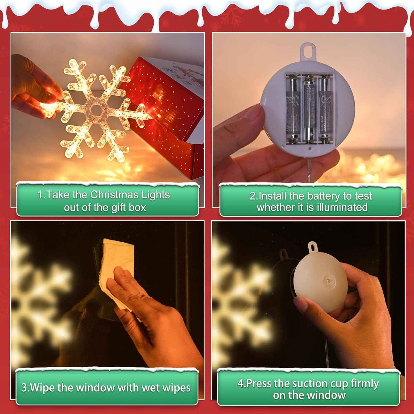 3Pack Christmas Window Lights Decorations with Timer,Battery Powered Christmas Hanging Warm White Lighted Snowflake Shaped LED Sucker for 2026 Xmas Tree Fireplace Indoor Decor