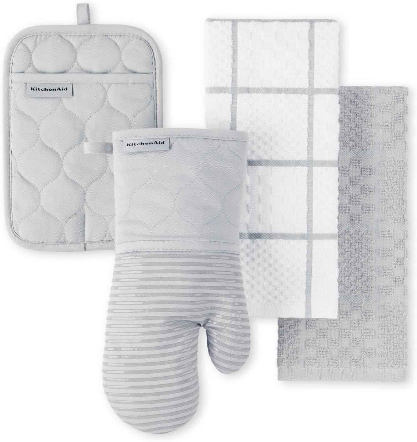 KITCHENAID Quilted Cotton Terry Cloth Oven Mitt, Pot Holder, Kitchen Towel 4-Pack Set, Heat Resistant, Silicone Grip, 16"x26", 7"x13" & 7"x10", Milkshake