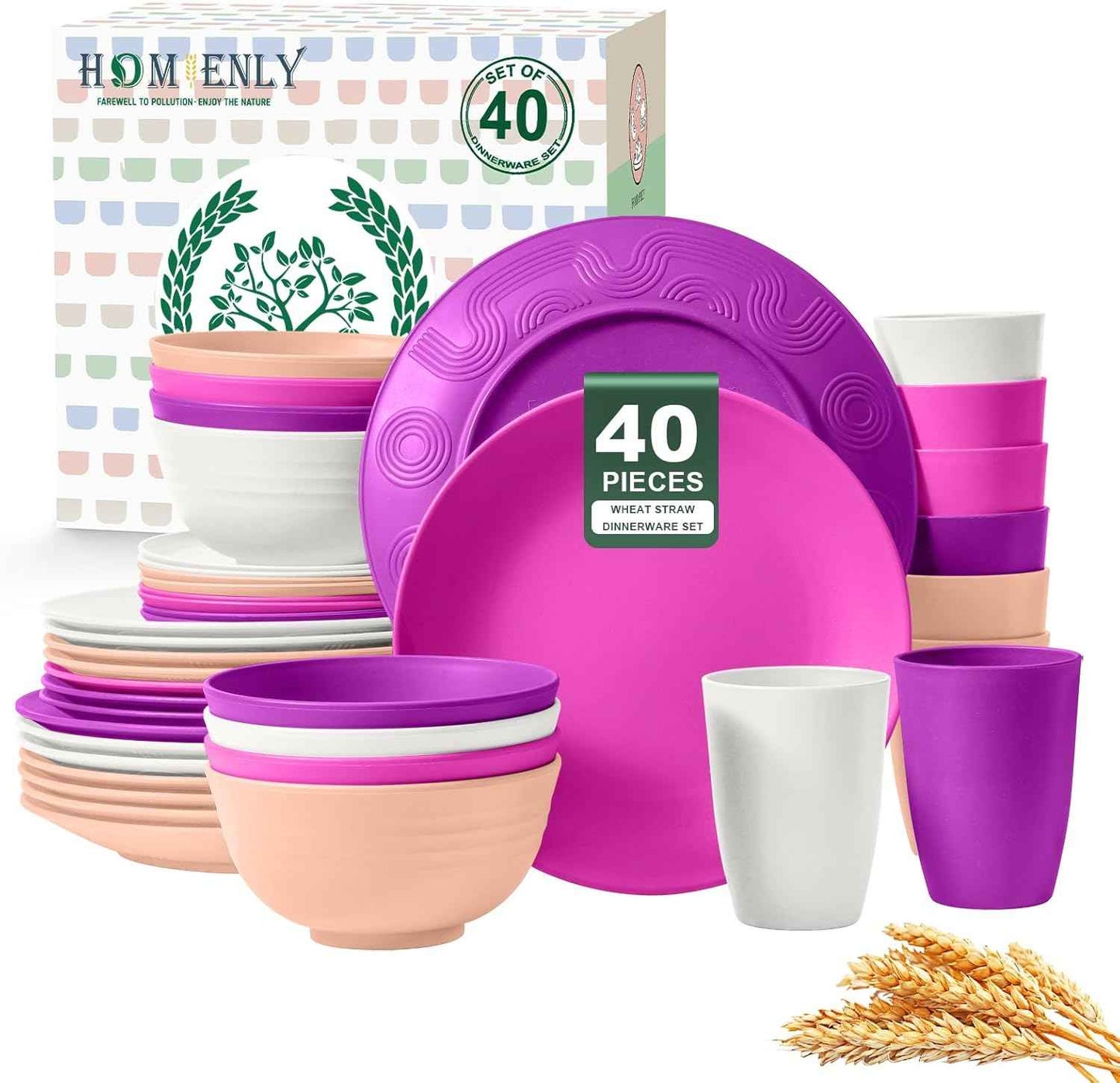 Homienly 40-Piece Premium Wheat Straw Dinnerware Sets, Service for 8, Unbreakable Plates and Bowls Set - Cups Sets, Dinner Plates, Bowls for Kitchen,Dishwasher and Microwave Safe Dishes Set - Multi