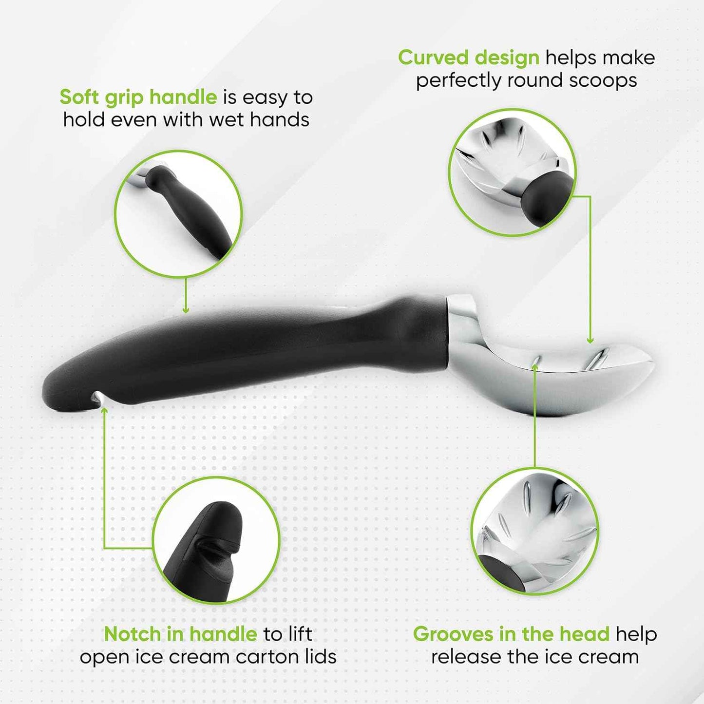 Spring Chef Heavy Duty Ice Cream Scoop with Comfortable Handle - Professional Ice Cream Scooper for Gelato, Sorbet, Cookie Dough, Melon, Frozen Yogurt - Dishwasher Safe Metal Kitchen Tool - Black