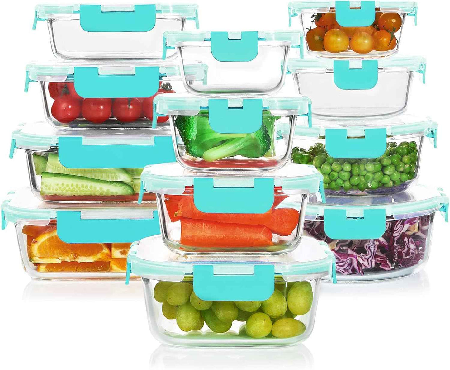 KOMUEE 24 Pieces Glass Food Storage Containers Set,Meal Prep Containers-Stackable Airtight Glass Storage Containers with lids,Freezer, Microwave, Oven Safe,Gray