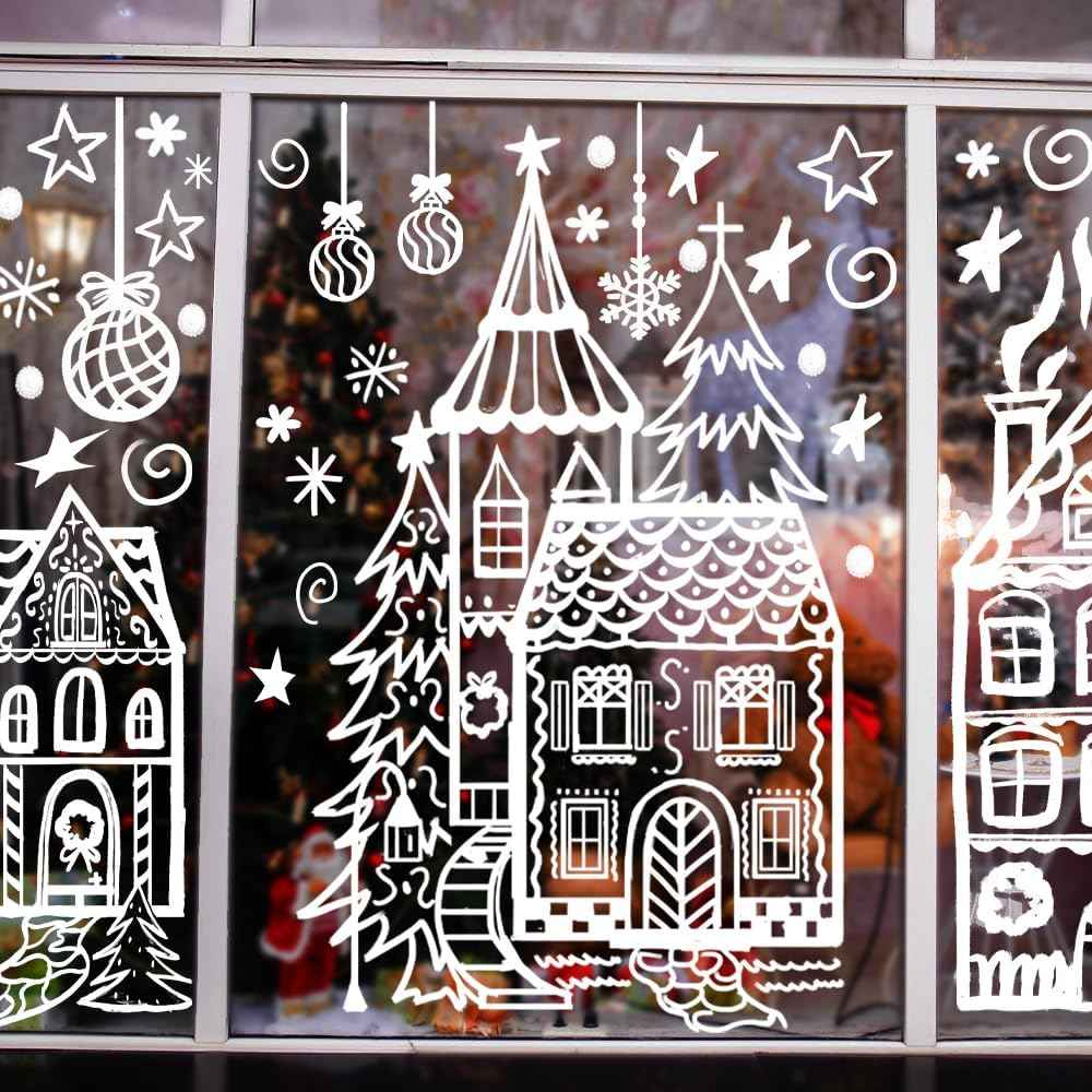 DIYDEC 15.7 * 27.5'' Large Christmas Window Stickers 4 Sheets White House Xmas Window Clings for Glass Decoration Snowman Snowflake Double-Sided Window Decals for Christmas Holiday Party Ornament