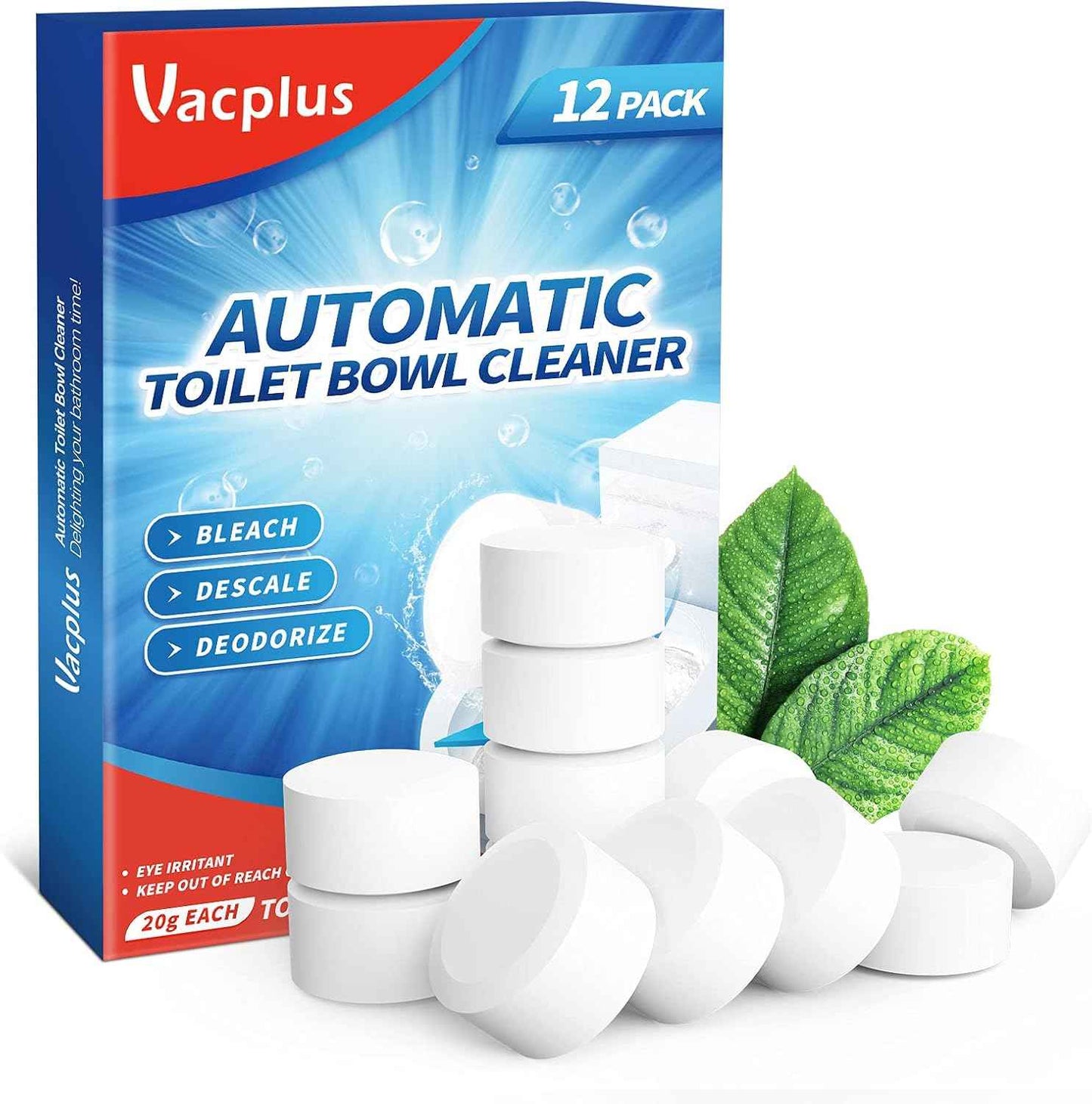 Vacplus Toilet Bowl Cleaner Tablets 30 PACK, Automatic Toilet Bowl Cleaners with Bleach for Deodorizing and Descaling, Bathroom Cleaner Against Tough Stains
