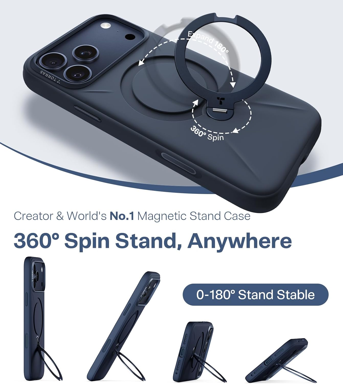 TORRAS Ostand Q3 Silicone for iPhone 17 Pro Max Case, Fit for MagSafe, 360 Spin Ring Holder Stand, Soft Liquid Silicone Cozy Grip, Camera Control, Protective Case for iPhone 17 Pro Max, Deep Blue - Rayz Mart