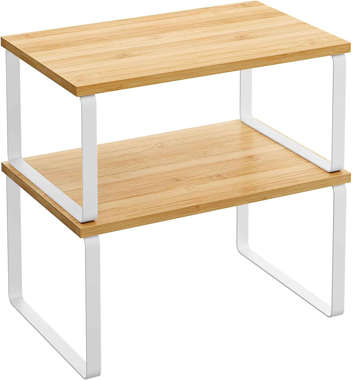 SONGMICS Cabinet Organizer Shelf, Set of 2 Kitchen Counter Shelves, Kitchen Storage, Spice Rack, Stackable, Expandable, Metal and Engineered Wood, Ink Black and Natural Beige UKCS02NB