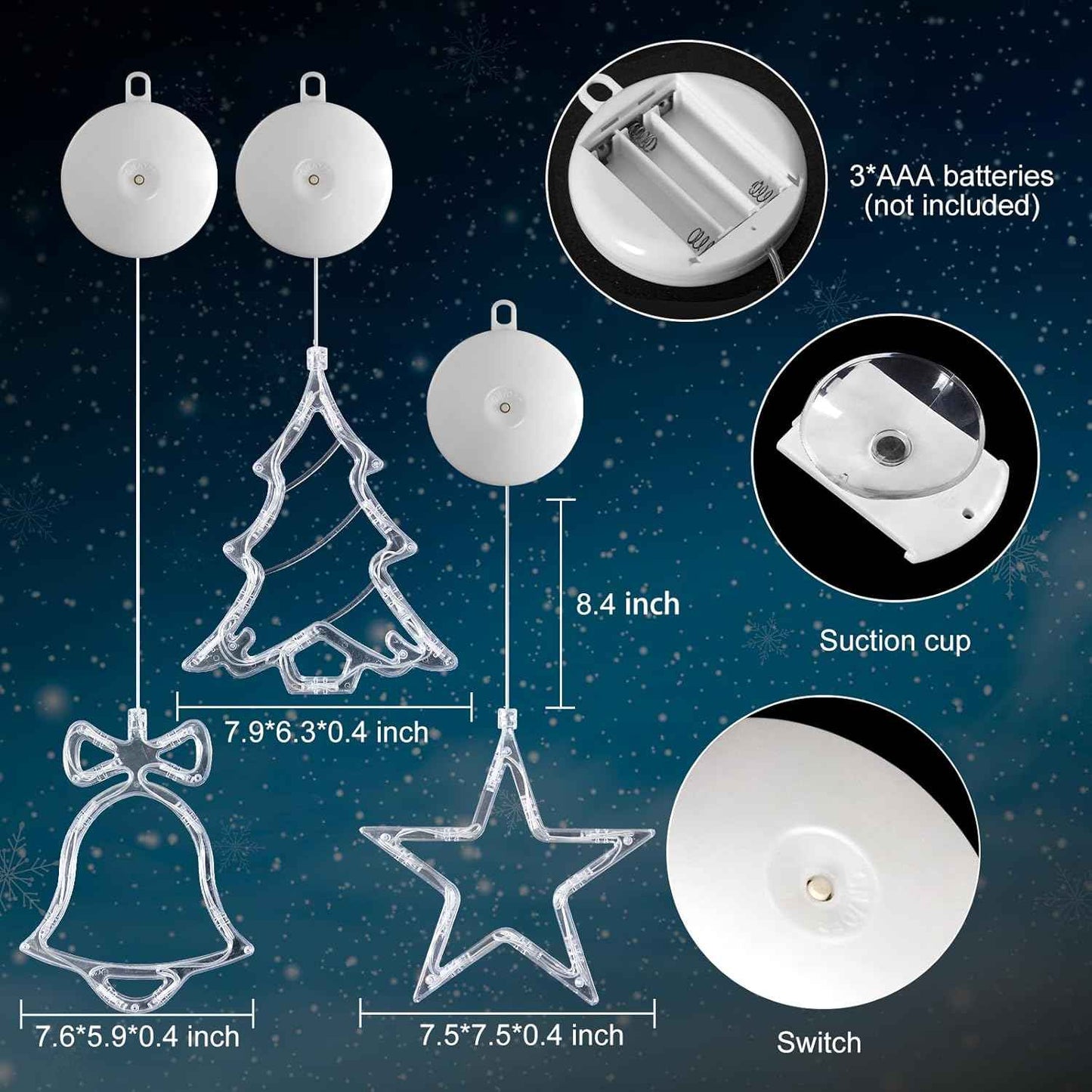 3Pack Christmas Window Lights Decorations with Timer, Battery Powered Hanging Warm White Lighted Tree Bell Star Shaped LED Sucker for Xmas Tree Fireplace Indoor Decor