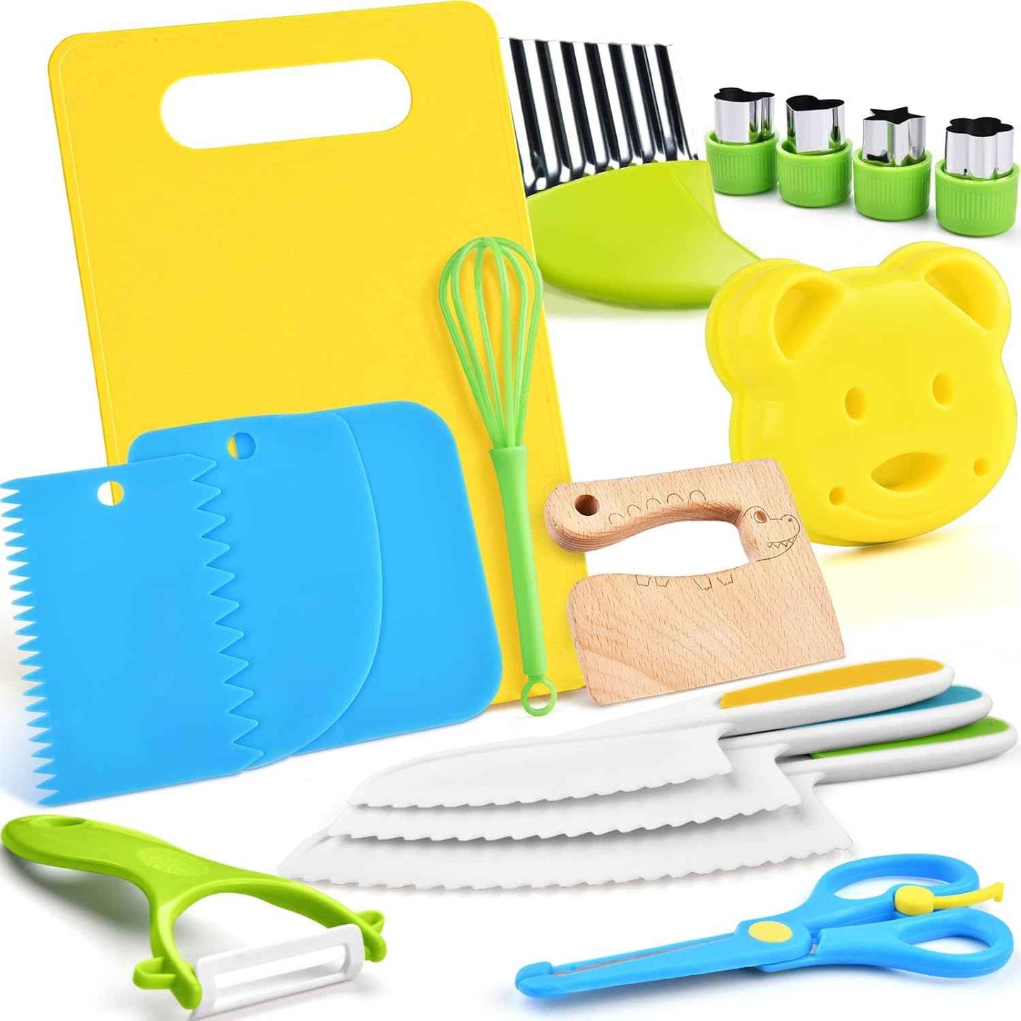 13 Pieces Montessori Kitchen Toys for Toddlers-Kids Cooking Sets Real-Toddler Toys Set for Real Cooking with Plastic Children Safe Knives Crinkle Cutter Kids Cutting Board