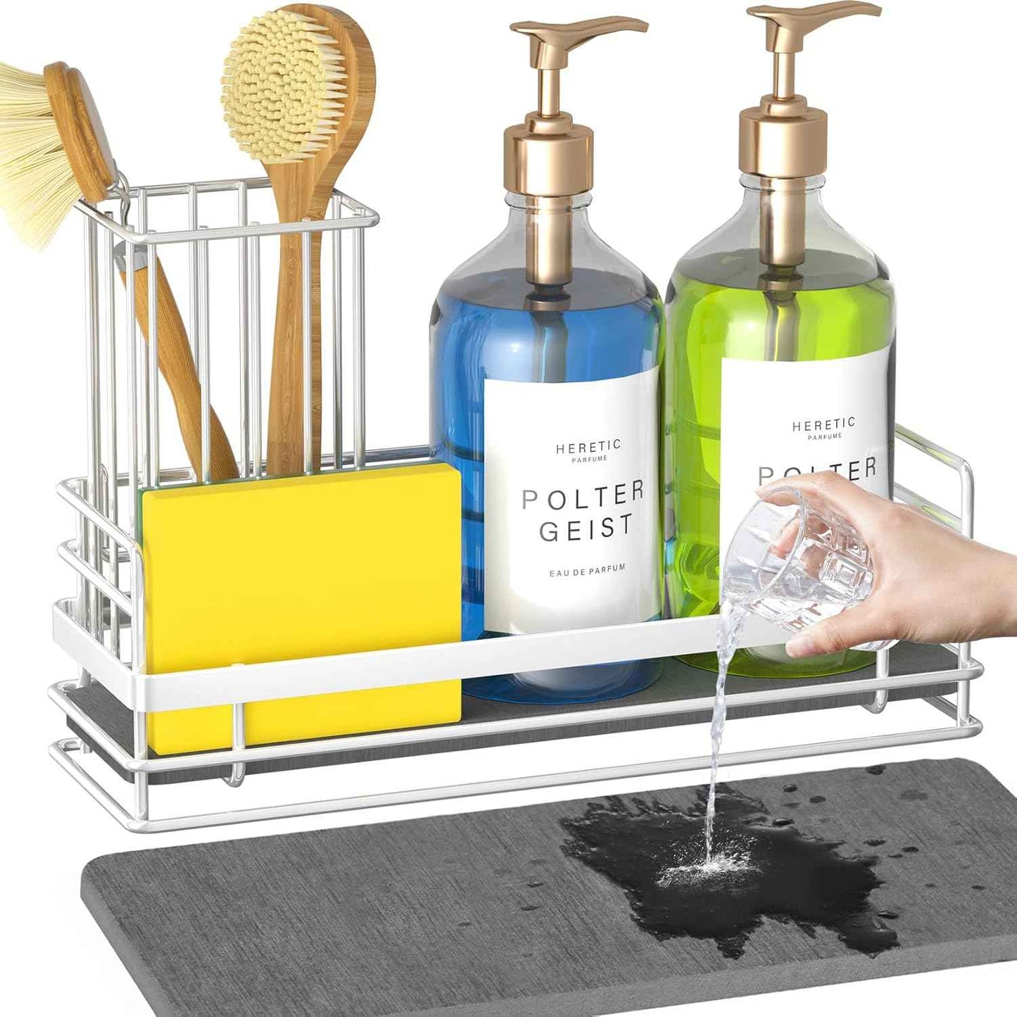 Yofidra Kitchen Sink Caddy: Sink Sponge with Instant Drying Stone, Metal Stainless Steel Dish Sponge Holder Basket for Sponges, Scrubbers, Soap, 9.5" X 5.5" X 5.7" Home Decor Storage and Organization