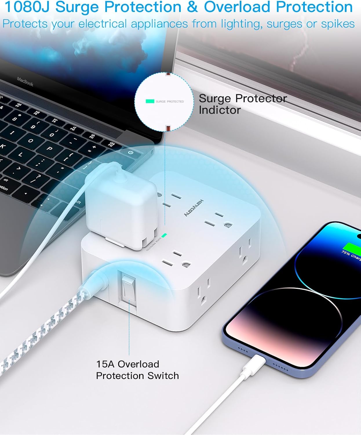 HANYCONY Surge Protector Power Strip – 8 Outlets with 4 USB Ports (2 USB-C), 5Ft Braided Extension Cord, Flat Plug Multi Outlet for Home & Office