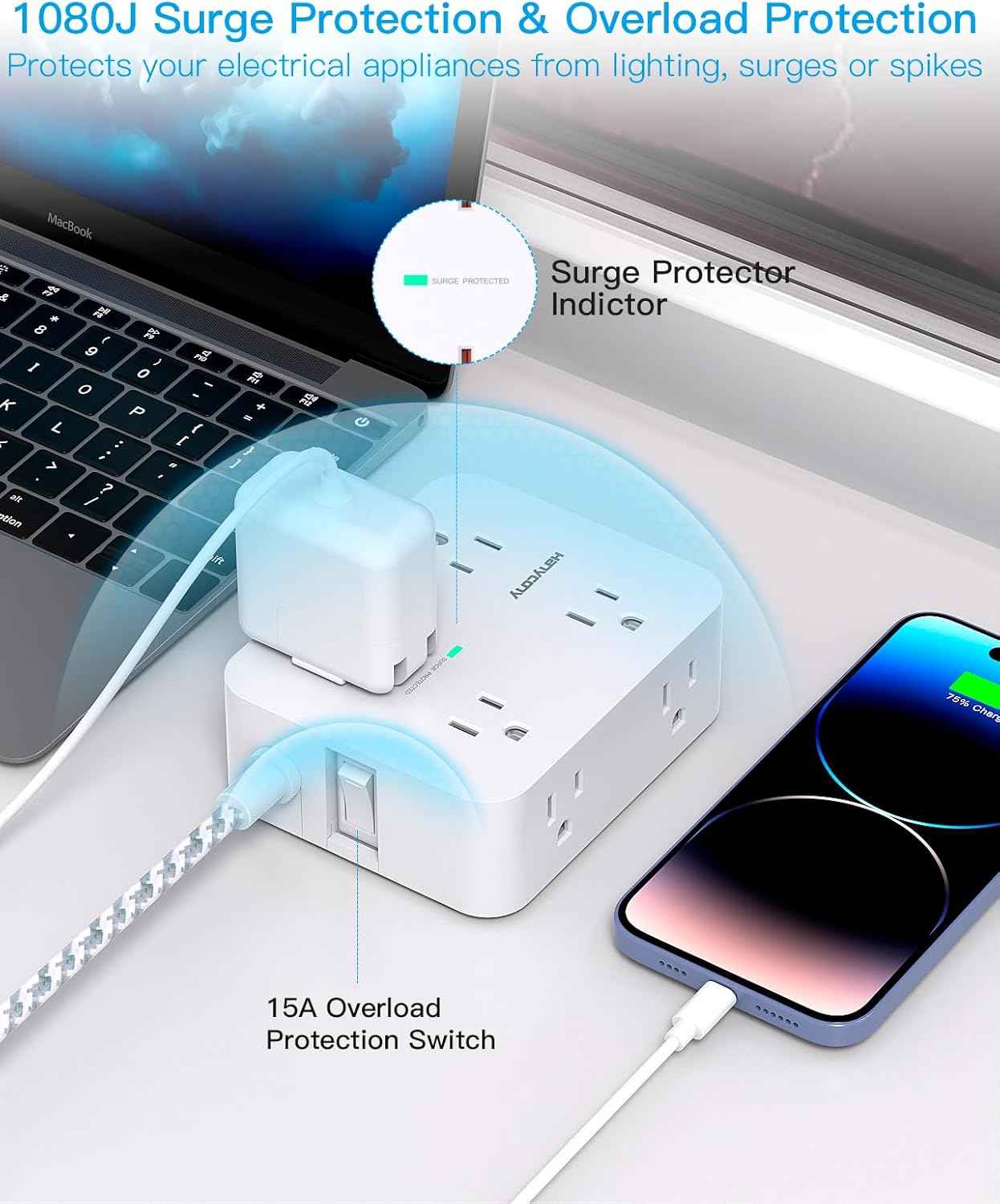 Surge Protector Power Strip - HANYCONY 8 Outlets 4 USB (2 USB C) Charging Ports, Multi Plug Outlet Extender, 5Ft Braided Extension Cord, Flat Plug Wall Mount Desk Charging Station for Home Office ETL