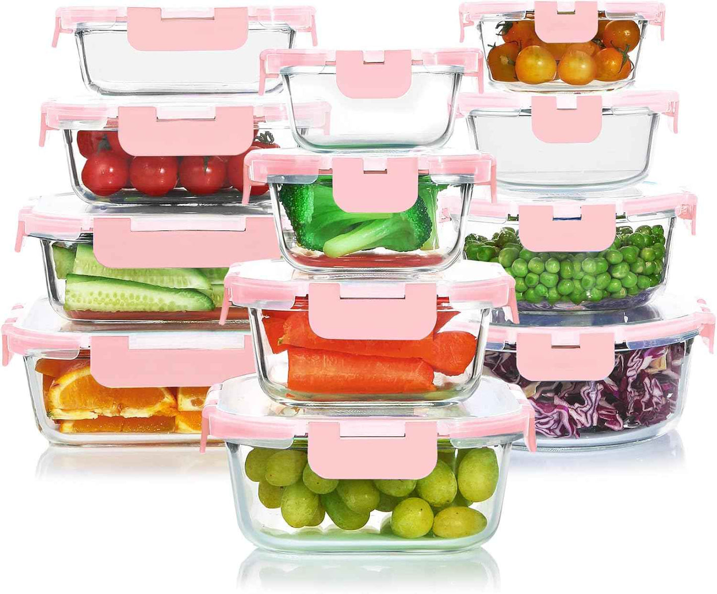 KOMUEE 24 Pieces Glass Food Storage Containers Set,Meal Prep Containers-Stackable Airtight Glass Storage Containers with lids,Freezer, Microwave, Oven Safe,Gray