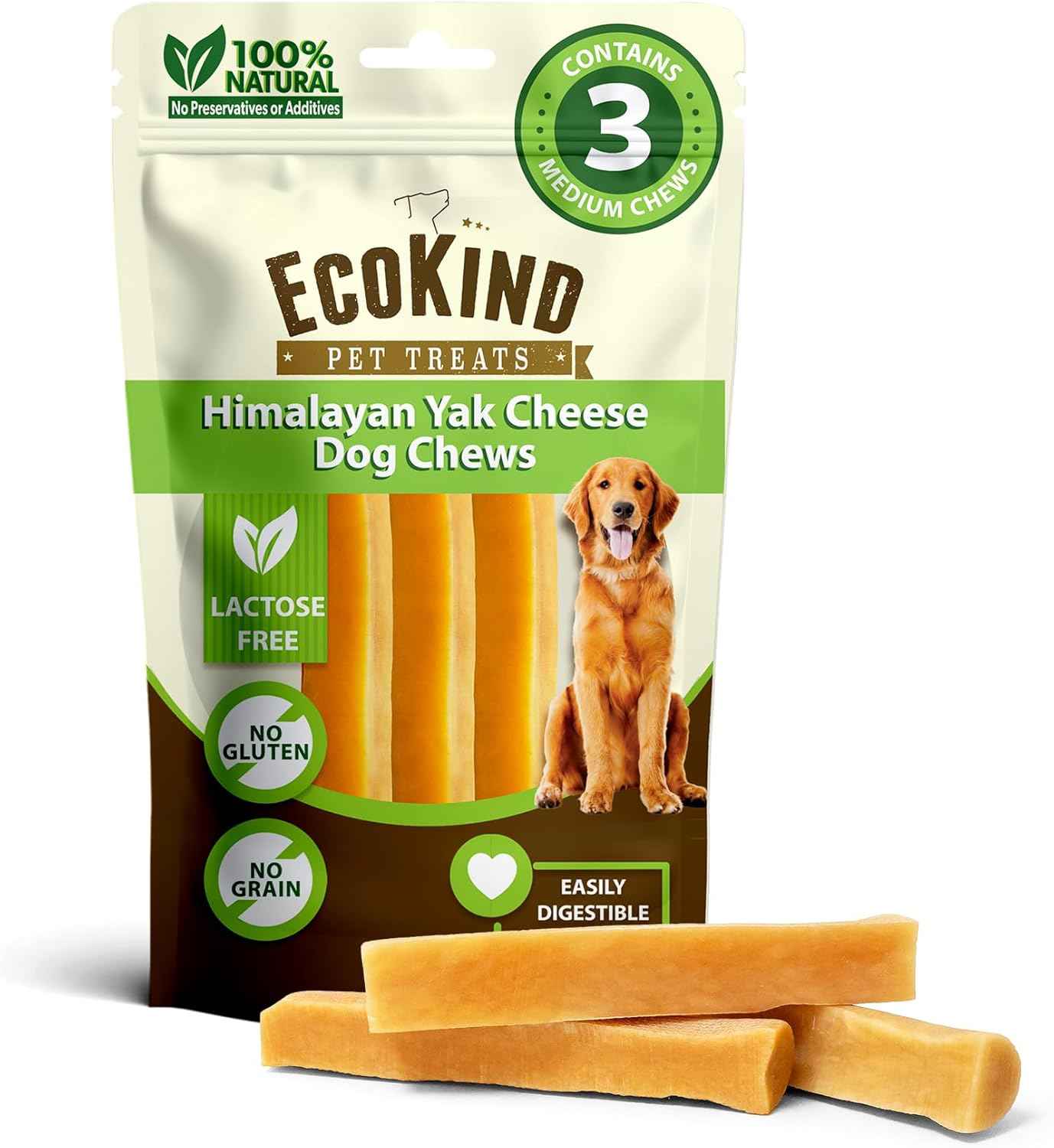 EcoKind Premium Gold Yak Cheese Himalayan Dog Chews, Dog Treats Large Breed, All Natural, High Protein, for Aggressive Chewers, Large - 4 Chews (1 lb)
