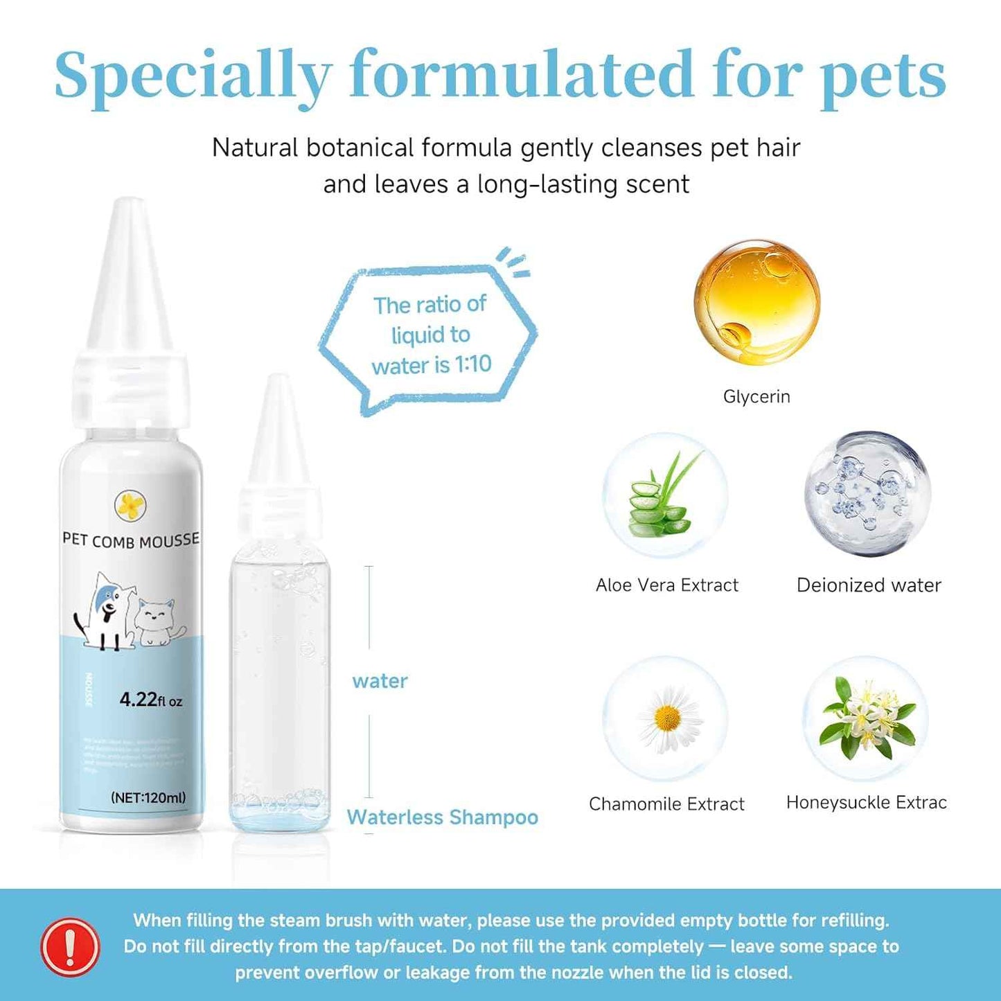 Pet Steam Brush for Dog & Cat - 3-in-1 Steam Grooming Brush for Shedding & Hair Removal - Self Cleaning Spray Comb with Mist for Long Haired Pets - Includes 1*Waterless Shampoo, Blue.