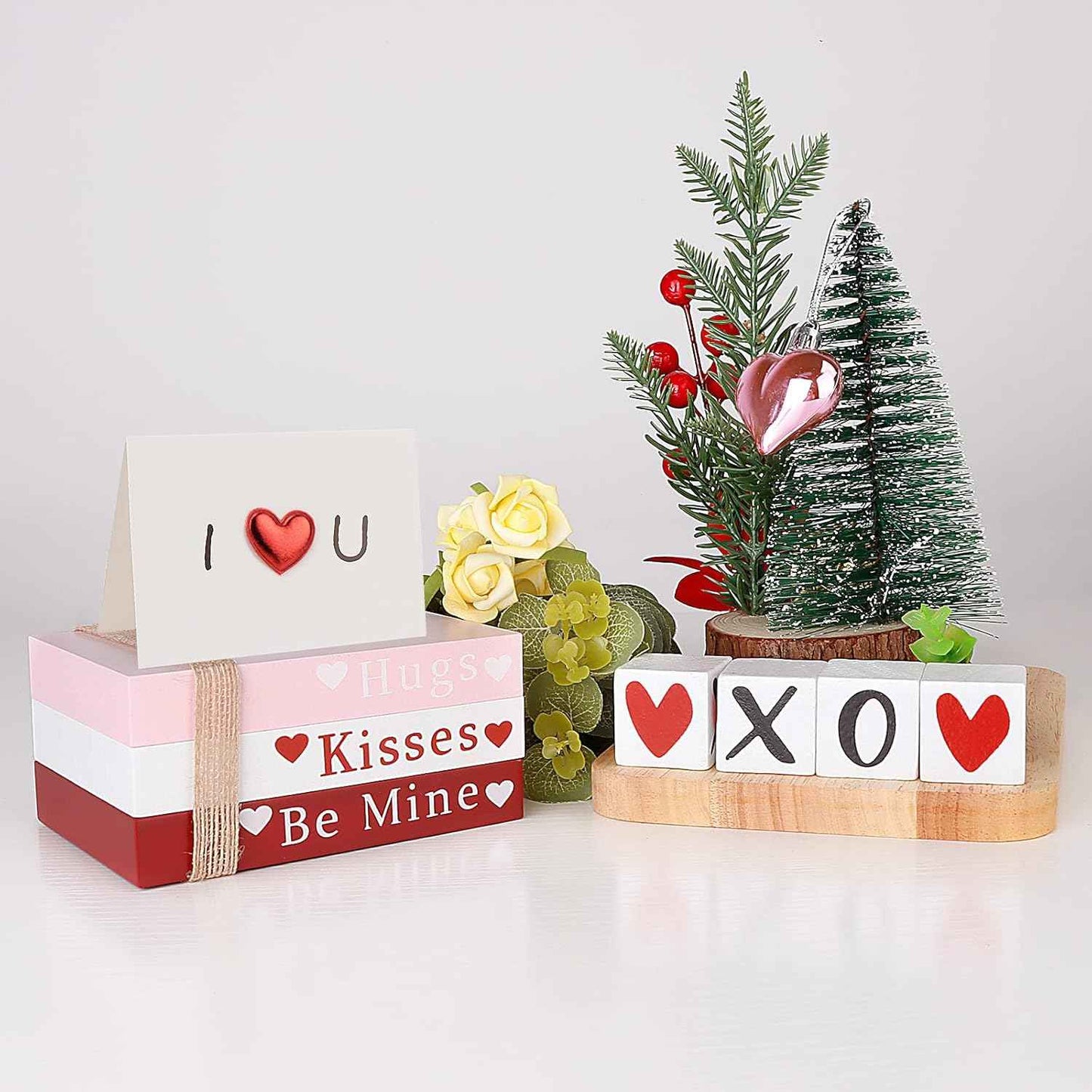 Valentines Day Decor, Wooden Book Stack with 4 XOXO Signs - Valentines Day Decorations for The Home, Tiered Tray, Coffee Table, Fireplace Mantel, Shelf
