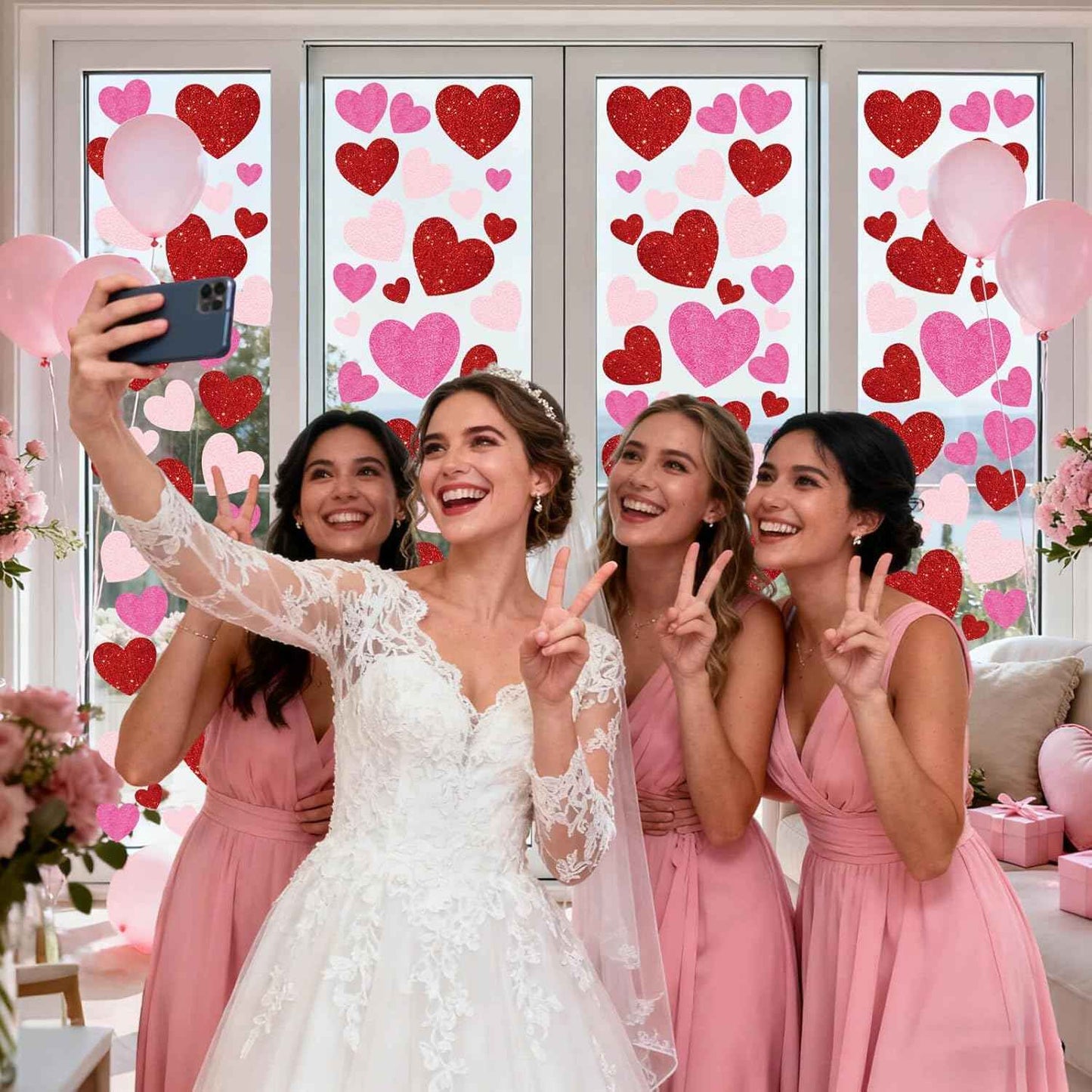 9 Sheets Valentines Day Window Clings Decoration, Glitter Heart Stickers Decor for Galentine's Day, Red Pink Decals for Home, Office, Classroom, Glass Doors