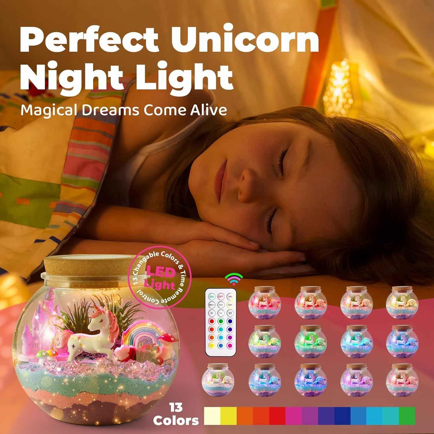 Unicorn Light-Up Terrarium Kit for Kids - LED Night Light Birthday Gift for Girls Ages 4 5 6 7 8-12 Year Old - Unicorn Toys for Girls - DIY Arts and Crafts Kit for Kids
