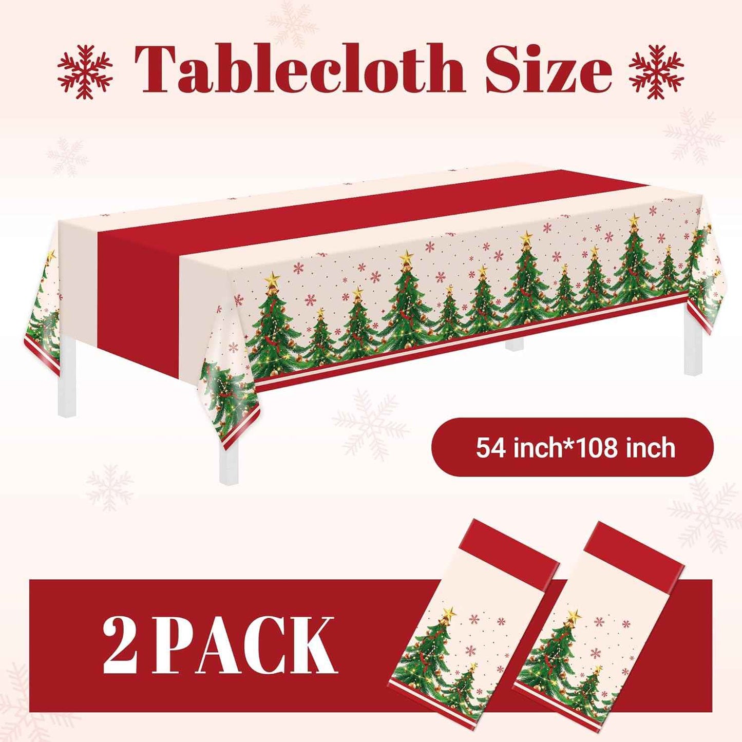 Childom 2 Pack Christmas Tablecloths,Christmas Party Decoration,54 x 108 Inch,Disposable Plastic Table Cloths Rectangular for Party Supplies,Xmas Tree Table Cover for Home,Dinner,Indoor,Outdoor,Picnic