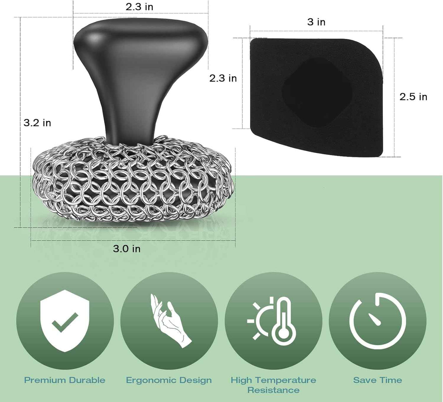 316 cast iron scrubber chainmail scrubber with pan scraper for kitchen and pan cleaning, dishwasher safe, black
