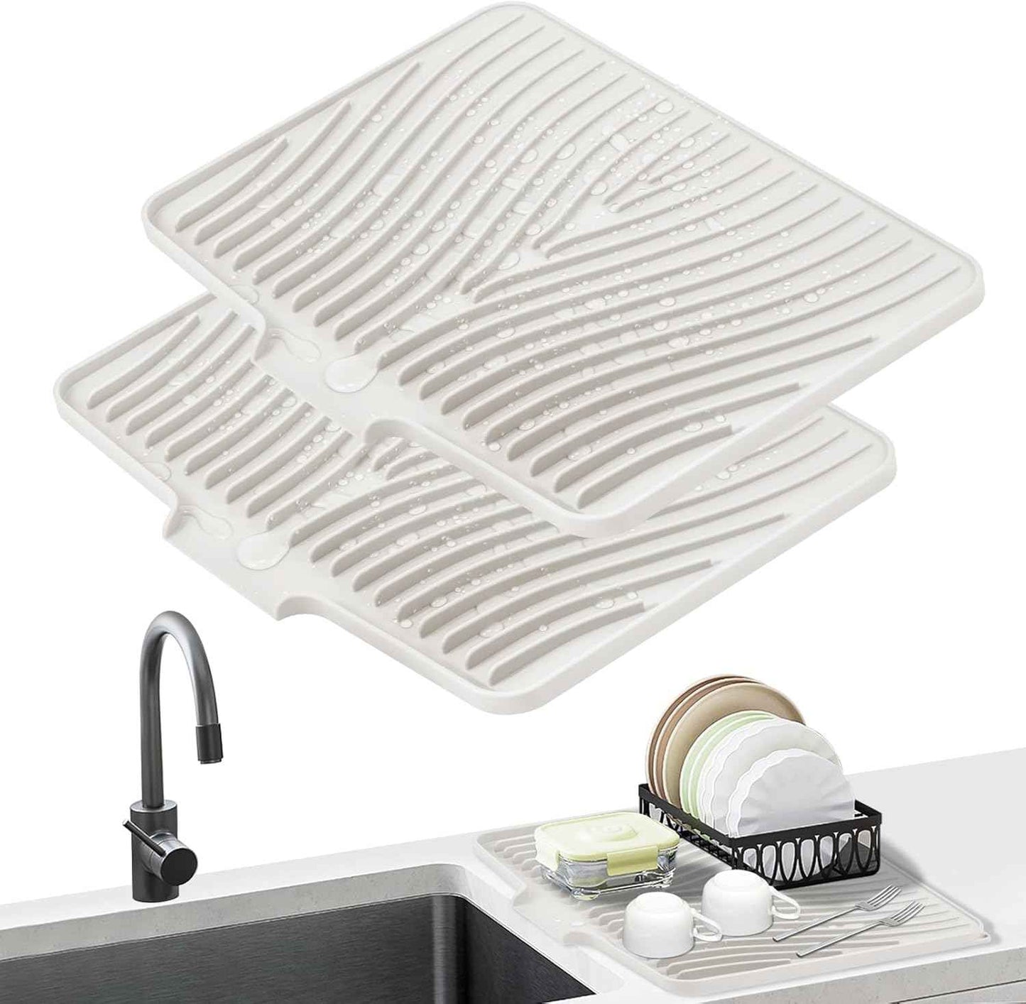 Silicone Dish Drying Mat for Kitchen Counter, Dish Drying Pad, Non-Slip Drain Pad with Built-in Drain, Heat Resistant Stone Drying Mat(15.8" x 13", Grey)