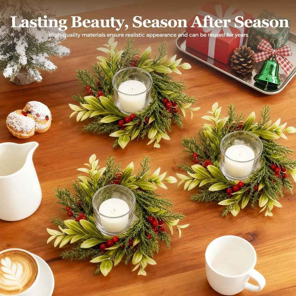 Small Christmas Wreath, 6 Pcs 6" Mini Christmas Wreaths for Cabinets, Small Cabinet Wreaths for Kitchen Cabinet Window Door Farmhouse Christmas Party Decorations Candle Rings Fireplaces (A)
