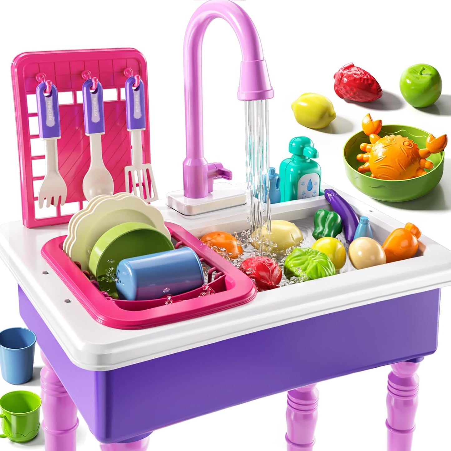 Play Sink with Running Water, Play Kitchen Toys Sink for Kids 3 4 5 6 7 Years Old, Electrical Dishwasher, Color Changing Kitchen Accessories, Dishes Games, Gifts for Toddlers 3-5
