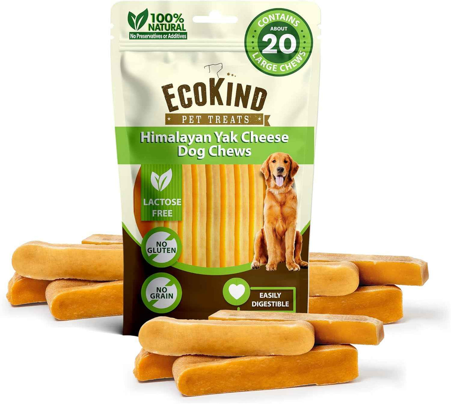 EcoKind Premium Gold Yak Cheese Himalayan Dog Chews, Dog Treats Large Breed, All Natural, High Protein, for Aggressive Chewers, Large - 4 Chews (1 lb)