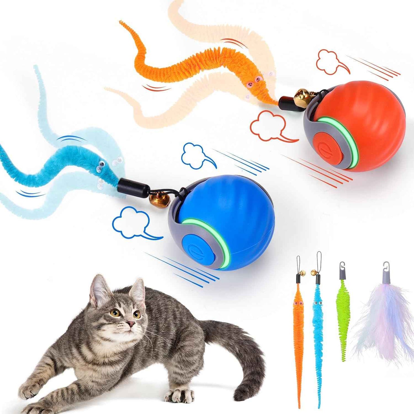 BABORUI Interactive Cat Toy Ball - Automatic Interactive Cat Toys for Indoor Cats with 3 Tails, 2 Speeds Rechargeable Cat Enrichment Toys for Small/Medium/Large Cats to Keep Them Busy(Blue)