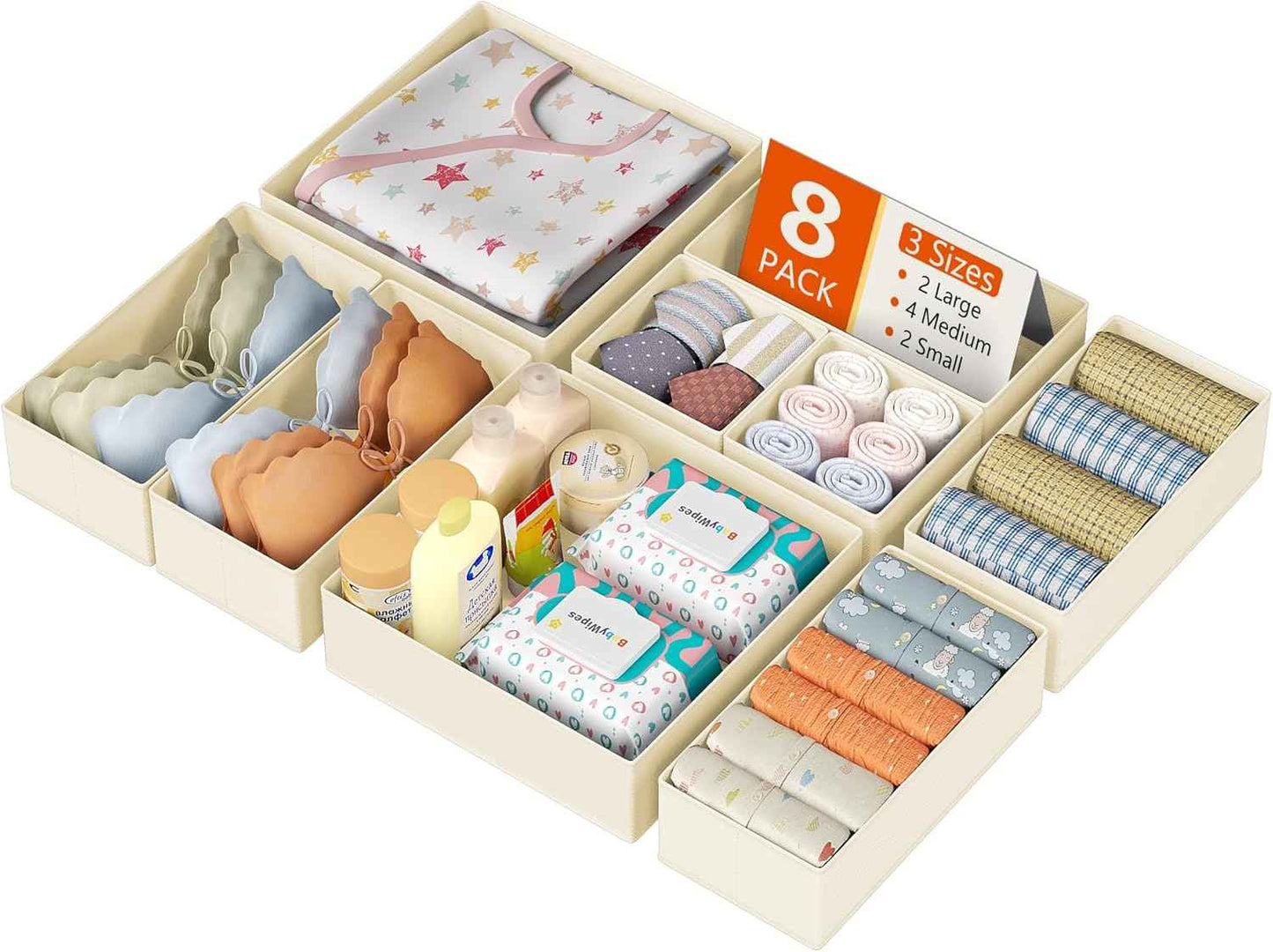 DIMJ Drawer Organizer Clothes, 12 Pack Dresser Organizer, Foldable Closet Organizers and Storage, Fabric Dresser Bins, Drawer Dividers for Nursery, Baby Clothes, Underwears, Sock (Beige)