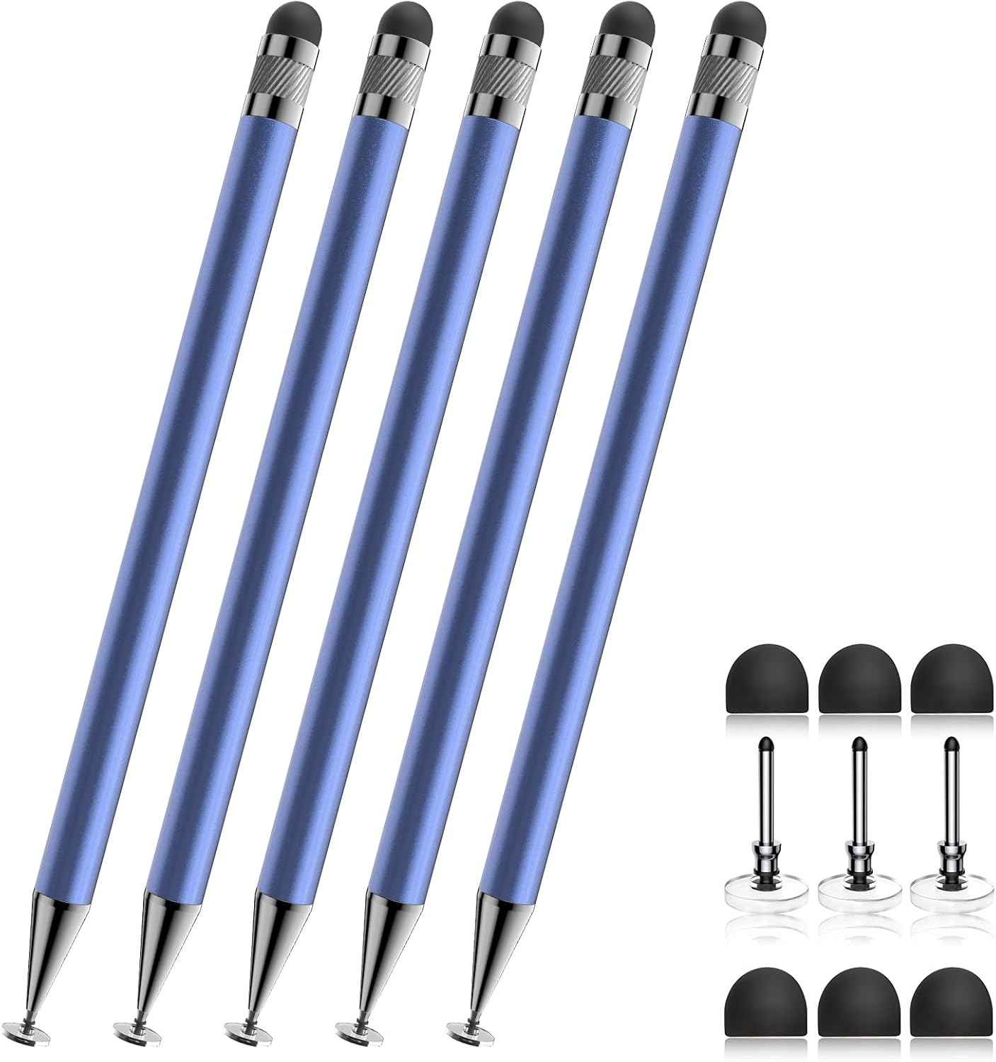 Bopomofo Stylus (5 Pcs), 2-in-1 Stylus Pen for Touch Screen, High Precision and Sensitivity, Suitable for iPhone/ipad/Android Tablets, Compatible with Touch Screens (Black/White/Blue/Rose Gold/Silver)